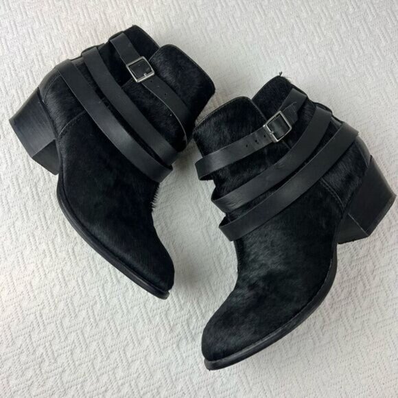 Matiko Boots Womens 6.5 Slip On Buckle Strap Ankle Bootie Black Fur Calf Heels - Picture 3 of 15